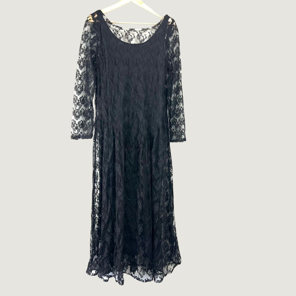 Miss Selfridge Black Lace Basque Waist Midi Dress M Lined Whimsygoth Goth Witchy